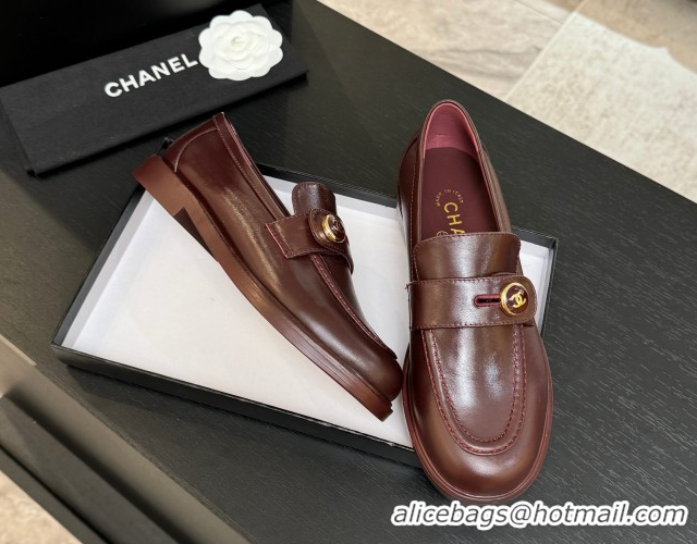 Popular Style Chanel Shiny Calfskin Loafers with Button Strap Burgundy 2025 G46796 1031093
