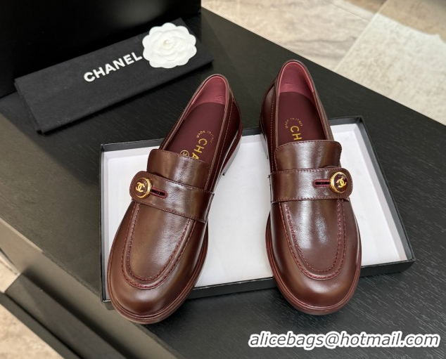 Popular Style Chanel Shiny Calfskin Loafers with Button Strap Burgundy 2025 G46796 1031093