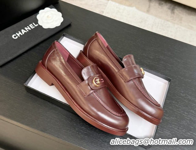 Popular Style Chanel Shiny Calfskin Loafers with Button Strap Burgundy 2025 G46796 1031093