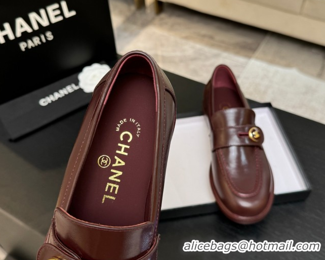 Popular Style Chanel Shiny Calfskin Loafers with Button Strap Burgundy 2025 G46796 1031093
