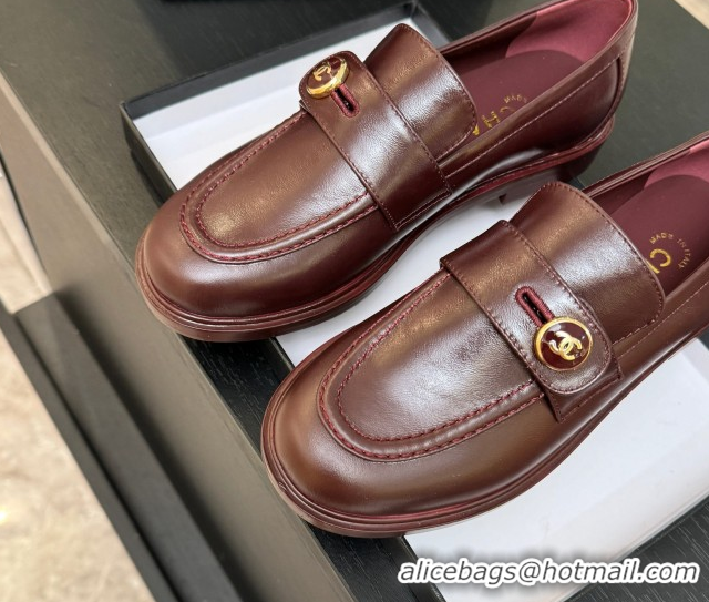 Popular Style Chanel Shiny Calfskin Loafers with Button Strap Burgundy 2025 G46796 1031093