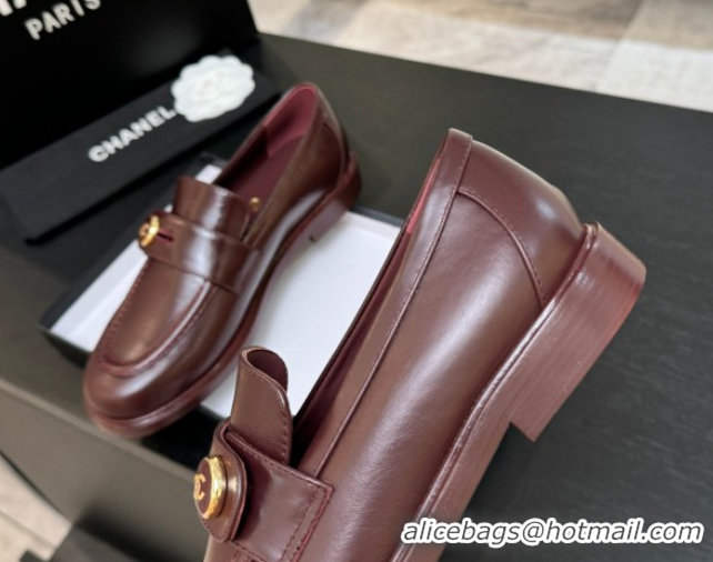 Popular Style Chanel Shiny Calfskin Loafers with Button Strap Burgundy 2025 G46796 1031093