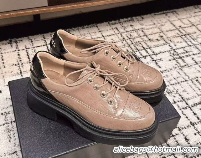 Top Design Chanel Calfskin Leather Laced-up Shoes 5cm Nude 2025 CH103101