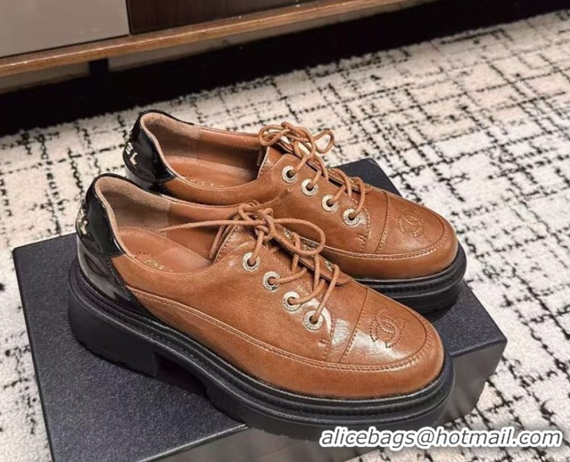 Popular Style Chanel Calfskin Leather Laced-up Shoes 5cm Brown 2025 CH103101 1031095