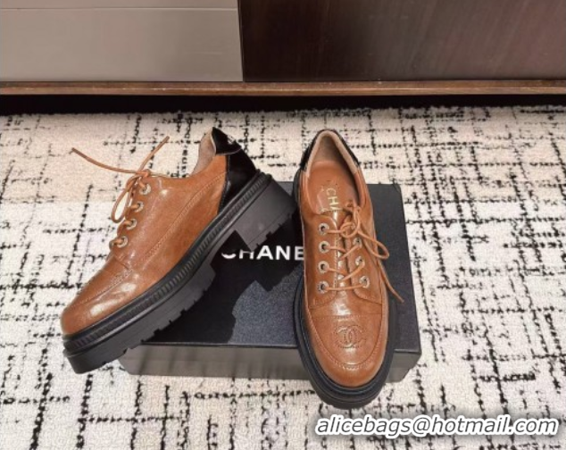 Popular Style Chanel Calfskin Leather Laced-up Shoes 5cm Brown 2025 CH103101 1031095