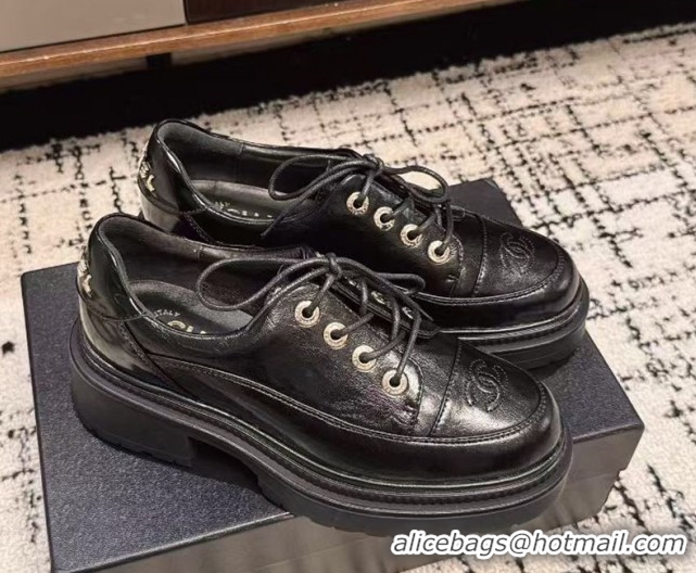 Shop Duplicate Chanel Calfskin Leather Laced-up Shoes 5cm Black 2025 CH103101 1031096