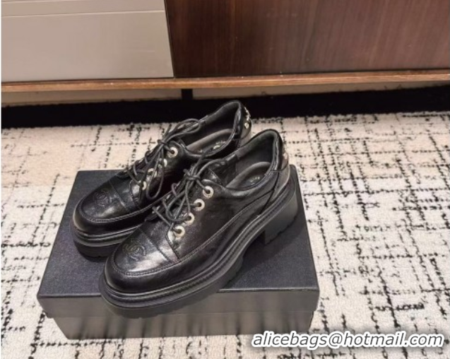 Shop Duplicate Chanel Calfskin Leather Laced-up Shoes 5cm Black 2025 CH103101 1031096