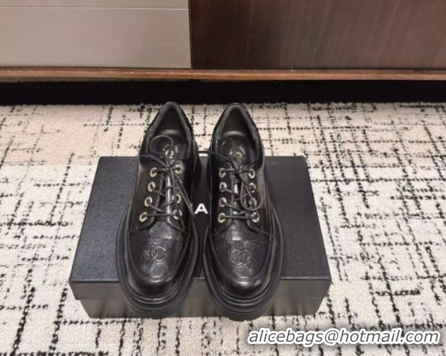 Shop Duplicate Chanel Calfskin Leather Laced-up Shoes 5cm Black 2025 CH103101 1031096