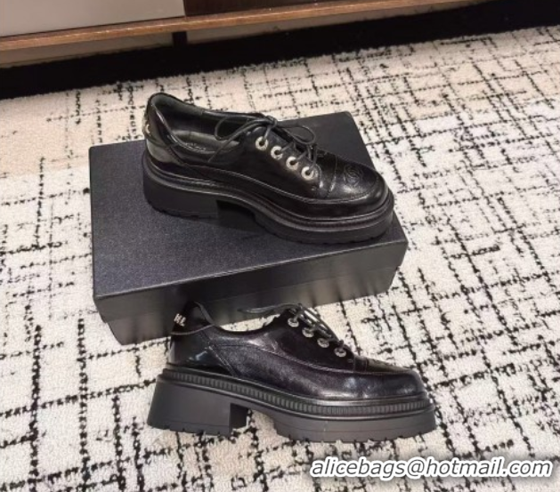 Shop Duplicate Chanel Calfskin Leather Laced-up Shoes 5cm Black 2025 CH103101 1031096