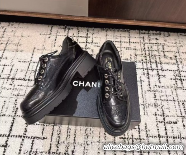 Shop Duplicate Chanel Calfskin Leather Laced-up Shoes 5cm Black 2025 CH103101 1031096