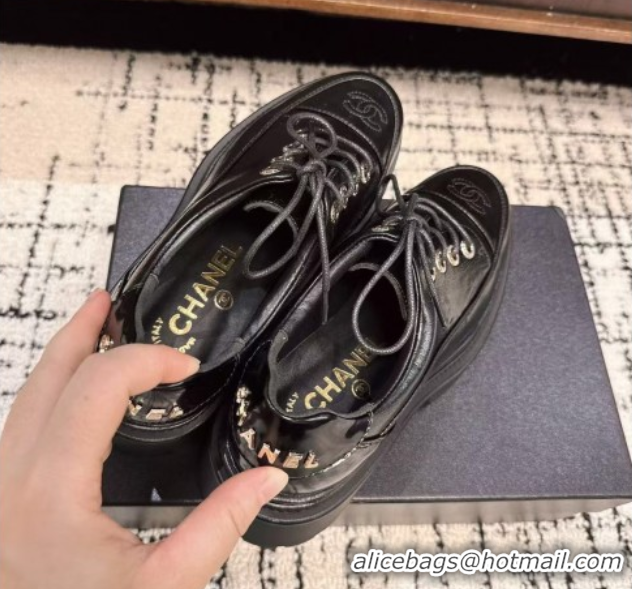 Shop Duplicate Chanel Calfskin Leather Laced-up Shoes 5cm Black 2025 CH103101 1031096