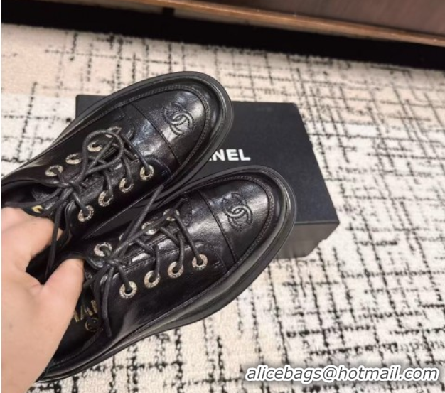 Shop Duplicate Chanel Calfskin Leather Laced-up Shoes 5cm Black 2025 CH103101 1031096