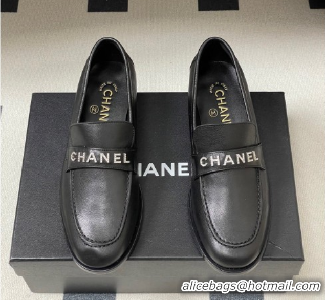 Stylish Chanel Calfskin Leather Loafers with Letters Strap Black 2025 CH103102 1031097