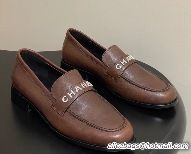Sophisticated Chanel Calfskin Leather Loafers with Letters Strap Dark Brown 2025 CH103102 1031098