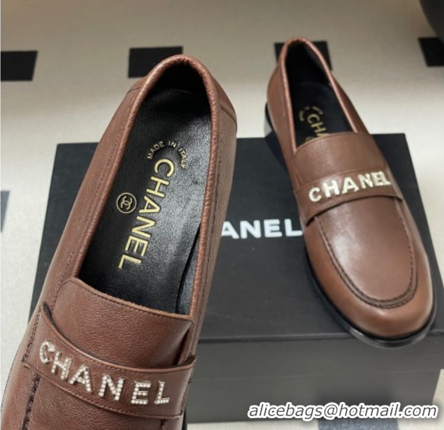 Sophisticated Chanel Calfskin Leather Loafers with Letters Strap Dark Brown 2025 CH103102 1031098
