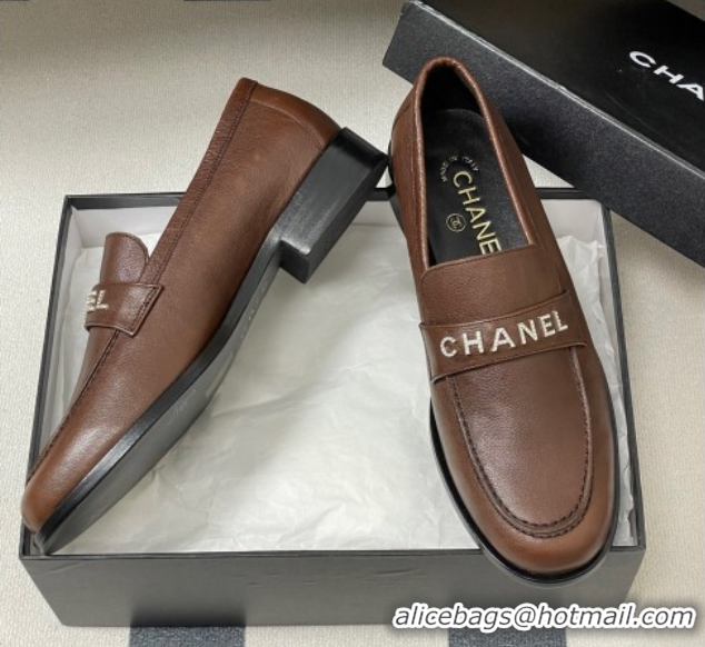 Sophisticated Chanel Calfskin Leather Loafers with Letters Strap Dark Brown 2025 CH103102 1031098
