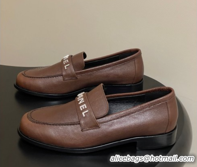 Sophisticated Chanel Calfskin Leather Loafers with Letters Strap Dark Brown 2025 CH103102 1031098