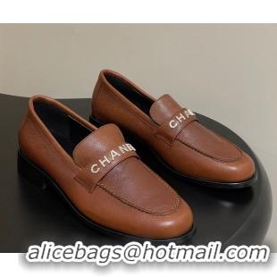 Classic Hot Chanel Calfskin Leather Loafers with Letters Strap Brown2 2025 CH103102 1031099