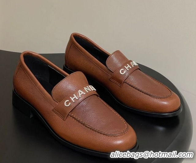 Classic Hot Chanel Calfskin Leather Loafers with Letters Strap Brown2 2025 CH103102 1031099