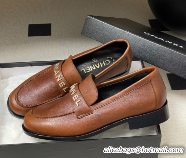 Classic Hot Chanel Calfskin Leather Loafers with Letters Strap Brown2 2025 CH103102 1031099