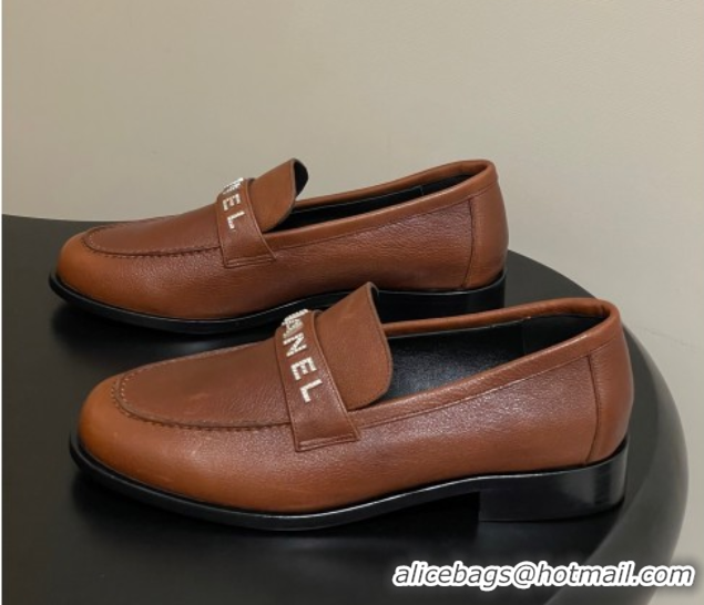 Classic Hot Chanel Calfskin Leather Loafers with Letters Strap Brown2 2025 CH103102 1031099