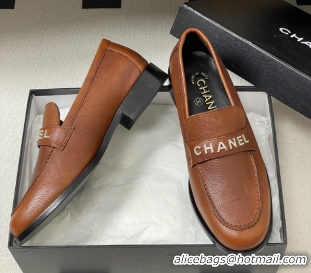 Classic Hot Chanel Calfskin Leather Loafers with Letters Strap Brown2 2025 CH103102 1031099