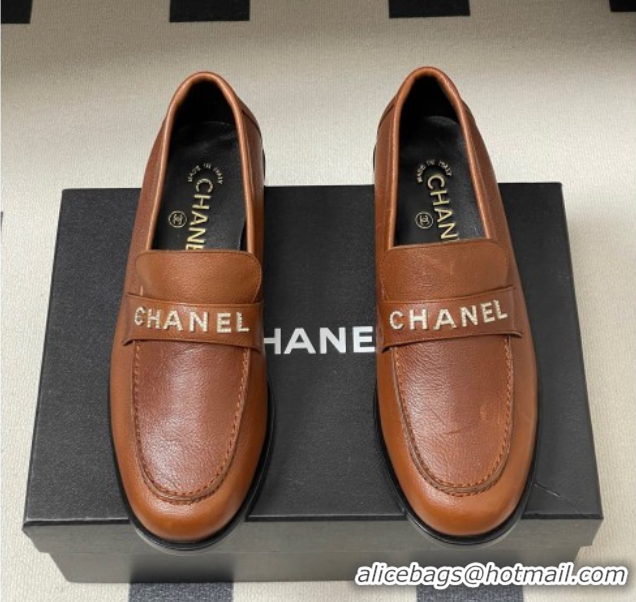 Classic Hot Chanel Calfskin Leather Loafers with Letters Strap Brown2 2025 CH103102 1031099