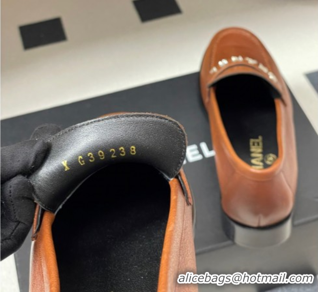 Classic Hot Chanel Calfskin Leather Loafers with Letters Strap Brown2 2025 CH103102 1031099