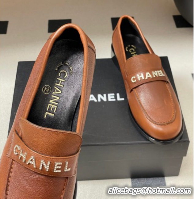 Classic Hot Chanel Calfskin Leather Loafers with Letters Strap Brown2 2025 CH103102 1031099