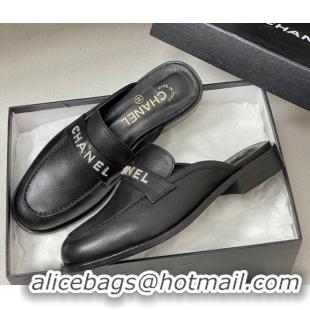 Stylish Chanel Calfskin Leather Flat Mules with Letters Strap Black 2025 CH103102 1031101
