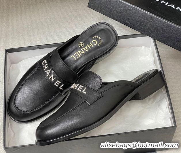 Stylish Chanel Calfskin Leather Flat Mules with Letters Strap Black 2025 CH103102 1031101