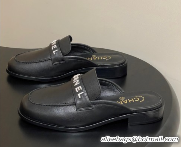 Stylish Chanel Calfskin Leather Flat Mules with Letters Strap Black 2025 CH103102 1031101