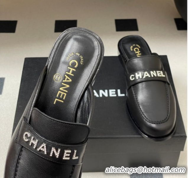 Stylish Chanel Calfskin Leather Flat Mules with Letters Strap Black 2025 CH103102 1031101