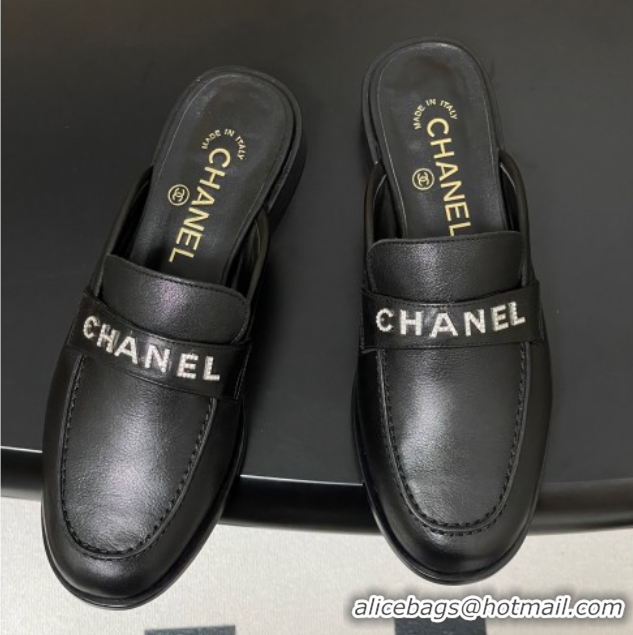 Stylish Chanel Calfskin Leather Flat Mules with Letters Strap Black 2025 CH103102 1031101