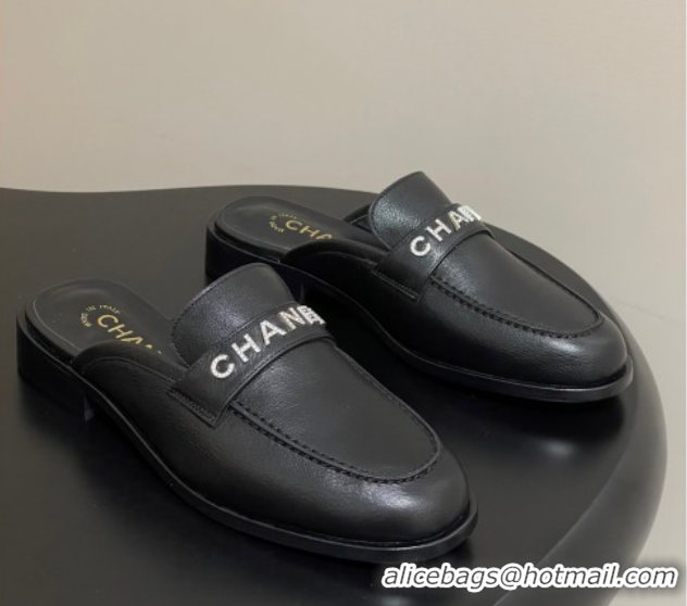 Stylish Chanel Calfskin Leather Flat Mules with Letters Strap Black 2025 CH103102 1031101