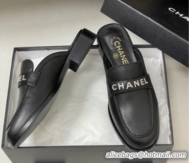 Stylish Chanel Calfskin Leather Flat Mules with Letters Strap Black 2025 CH103102 1031101
