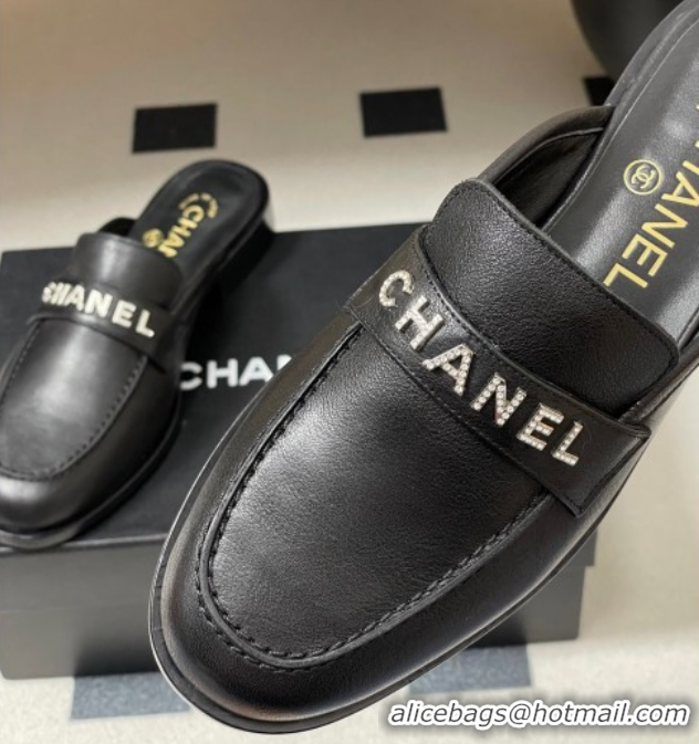 Stylish Chanel Calfskin Leather Flat Mules with Letters Strap Black 2025 CH103102 1031101