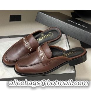 Perfect Chanel Calfskin Leather Flat Mules with Letters Strap Dark Brown 2025 CH103102 1031102