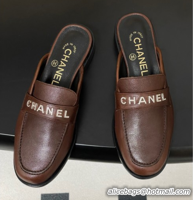 Perfect Chanel Calfskin Leather Flat Mules with Letters Strap Dark Brown 2025 CH103102 1031102