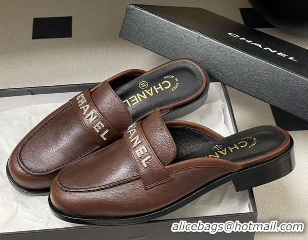 Perfect Chanel Calfskin Leather Flat Mules with Letters Strap Dark Brown 2025 CH103102 1031102