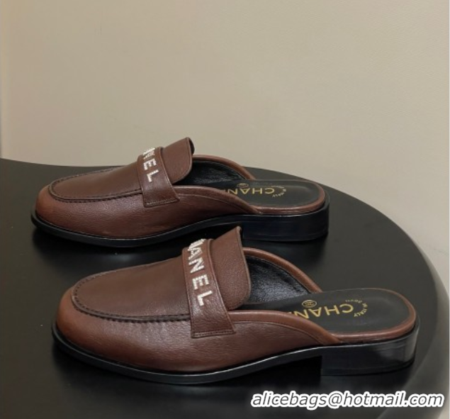 Perfect Chanel Calfskin Leather Flat Mules with Letters Strap Dark Brown 2025 CH103102 1031102
