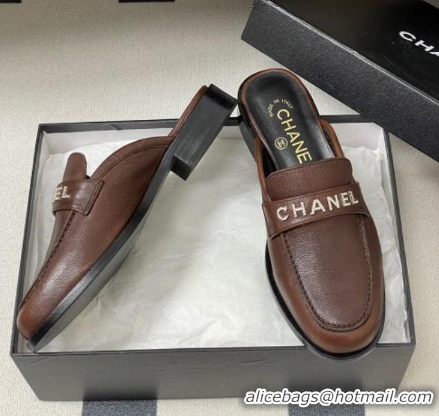 Perfect Chanel Calfskin Leather Flat Mules with Letters Strap Dark Brown 2025 CH103102 1031102