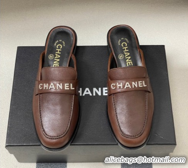 Perfect Chanel Calfskin Leather Flat Mules with Letters Strap Dark Brown 2025 CH103102 1031102