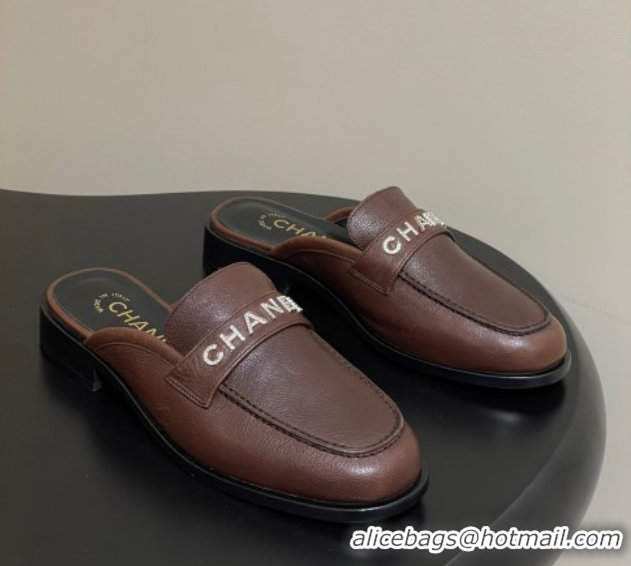 Perfect Chanel Calfskin Leather Flat Mules with Letters Strap Dark Brown 2025 CH103102 1031102