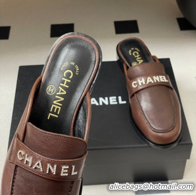 Perfect Chanel Calfskin Leather Flat Mules with Letters Strap Dark Brown 2025 CH103102 1031102