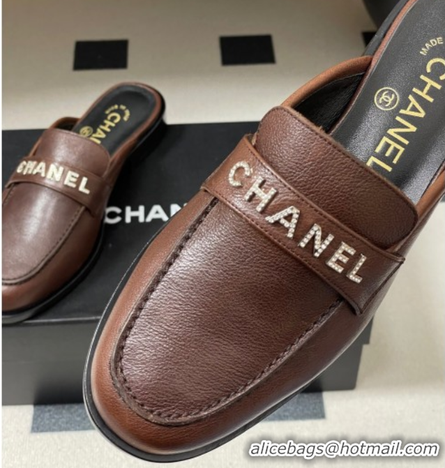 Perfect Chanel Calfskin Leather Flat Mules with Letters Strap Dark Brown 2025 CH103102 1031102
