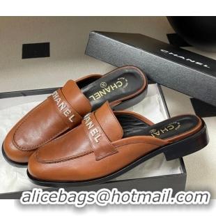 Duplicate Chanel Calfskin Leather Flat Mules with Letters Strap Brown2 2025 CH103102 1031103