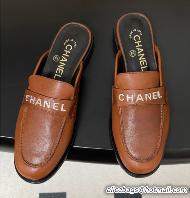 Duplicate Chanel Calfskin Leather Flat Mules with Letters Strap Brown2 2025 CH103102 1031103