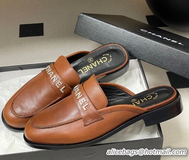 Duplicate Chanel Calfskin Leather Flat Mules with Letters Strap Brown2 2025 CH103102 1031103