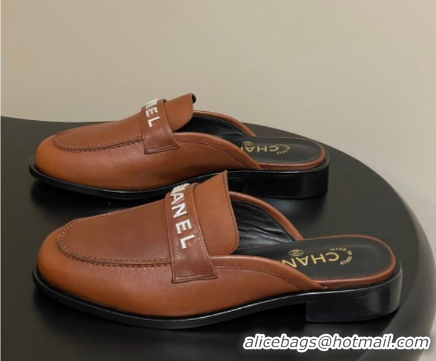Duplicate Chanel Calfskin Leather Flat Mules with Letters Strap Brown2 2025 CH103102 1031103